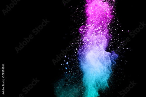 abstract blue-pink dust explosion on white background. abstract blue-pink powder splattered on white background, Freeze motion of blue-pink powder exploding.