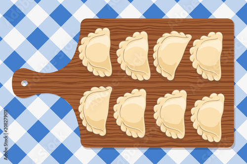 Dumplings (pierogi, varenyky, pelmeni, ravioli) on a wooden cutting board on blue checkered tablecloth. Polish cuisine. Eastern european cuisine. Vector hand drawn illustration.