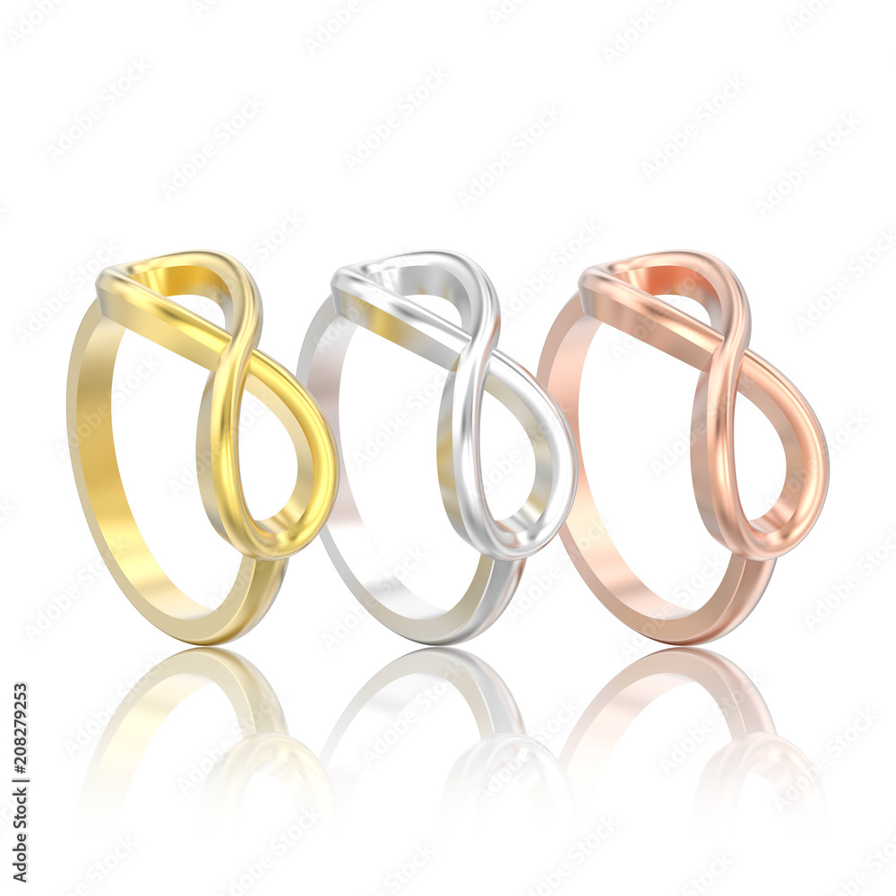 Fototapeta premium 3D illustration isolated three different rose gold simple infinity rings with reflection