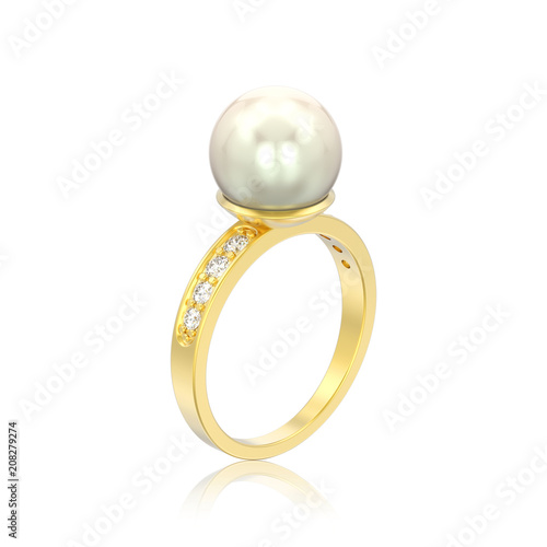3D illustration isolated gold diamond engagement wedding ring with pearl with reflection