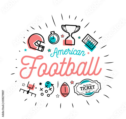 American football. Vector illustration in the style of thin lines with flat icons
