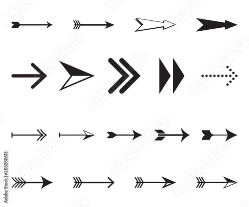 Set of simple black arrows in vector format. Decorative signs and symbols.