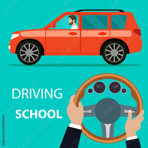 Car with driver man side view. Driving school. Man hands of a driver on steering wheel of a car. Vector flat illustration