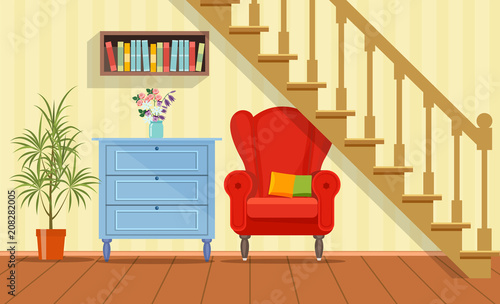 Retro interior living room with bookcase,chair and commode under the stairs. Vector flat style illustration