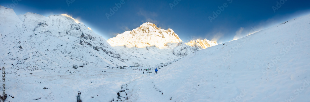 Panorama of snow and mountain Range Landscape with Blue Sky from Annapurna range, Nepal Himalayas. Panorama of snow and mountain Range Landscape with Blue Sky from Annapurna range, Nepal Himalayas.