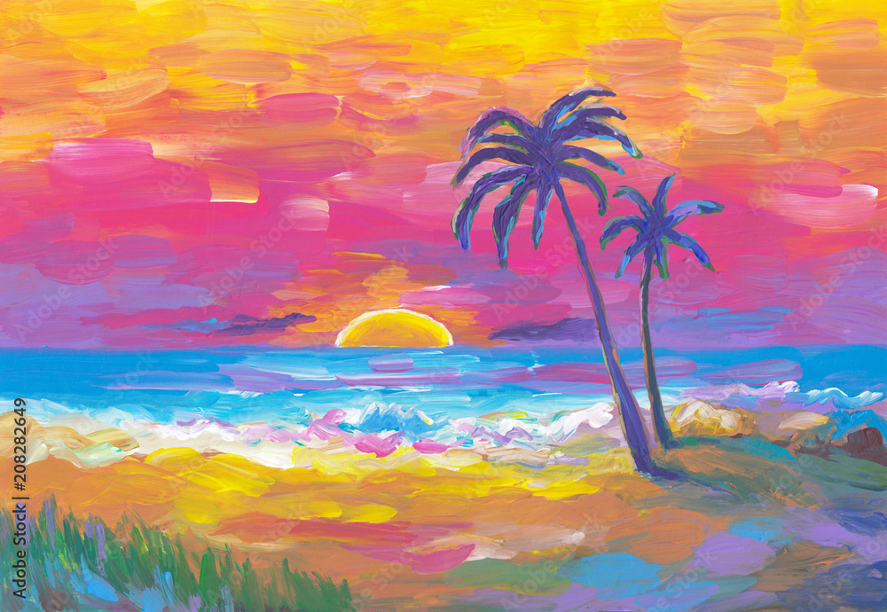 Palms beach, sunset, sand, ocean. Seaside landscape. Abstract oil painting