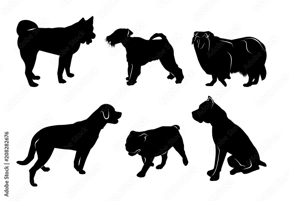 set of black silhouettes of different breeds of dogs
