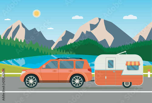 Car and trailers caravan. Summer landscape with forest, mountains and laker. Vector flat style illustration