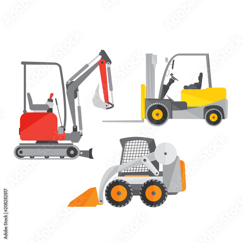 Schematic illustration of two mini tractors or excavators and one mini forklift truck
