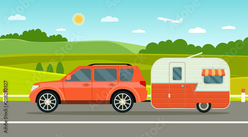 Travel trailer and car. Summer landscape. Vacation poster concept. Flat style vector illustration © lyudinka