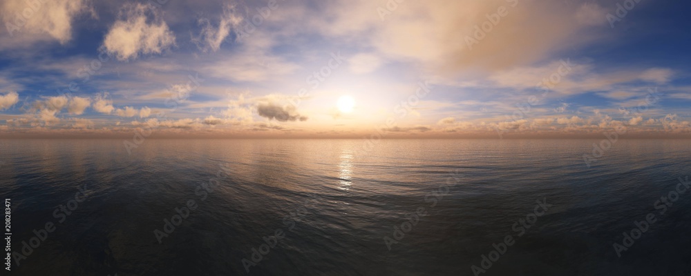 beautiful view of the sea sunset, beautiful sky over the ocean, clouds, sun and water,
3D rendering
