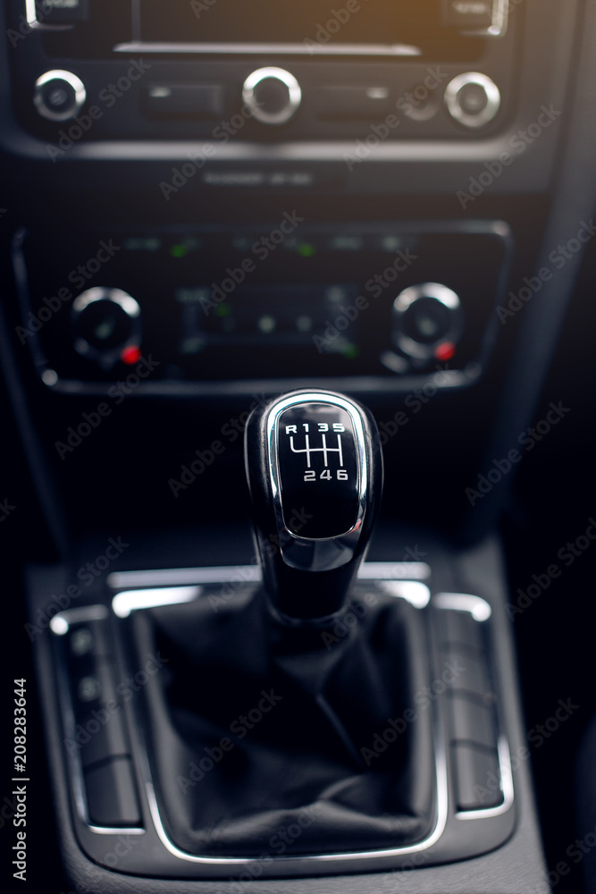 Naklejka premium luxury car Interior - steering wheel, shift lever and dashboard. 