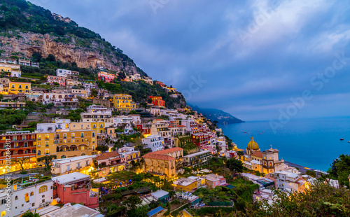 Sunset view of the town of Positano at Amalfi Coast, Italy.