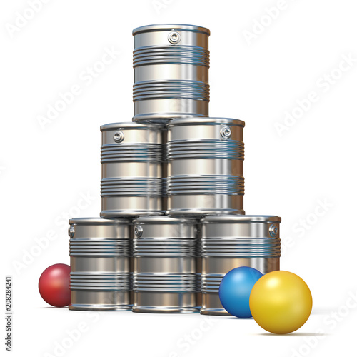 Tin cans and three balls 3D rendering illustration on white background