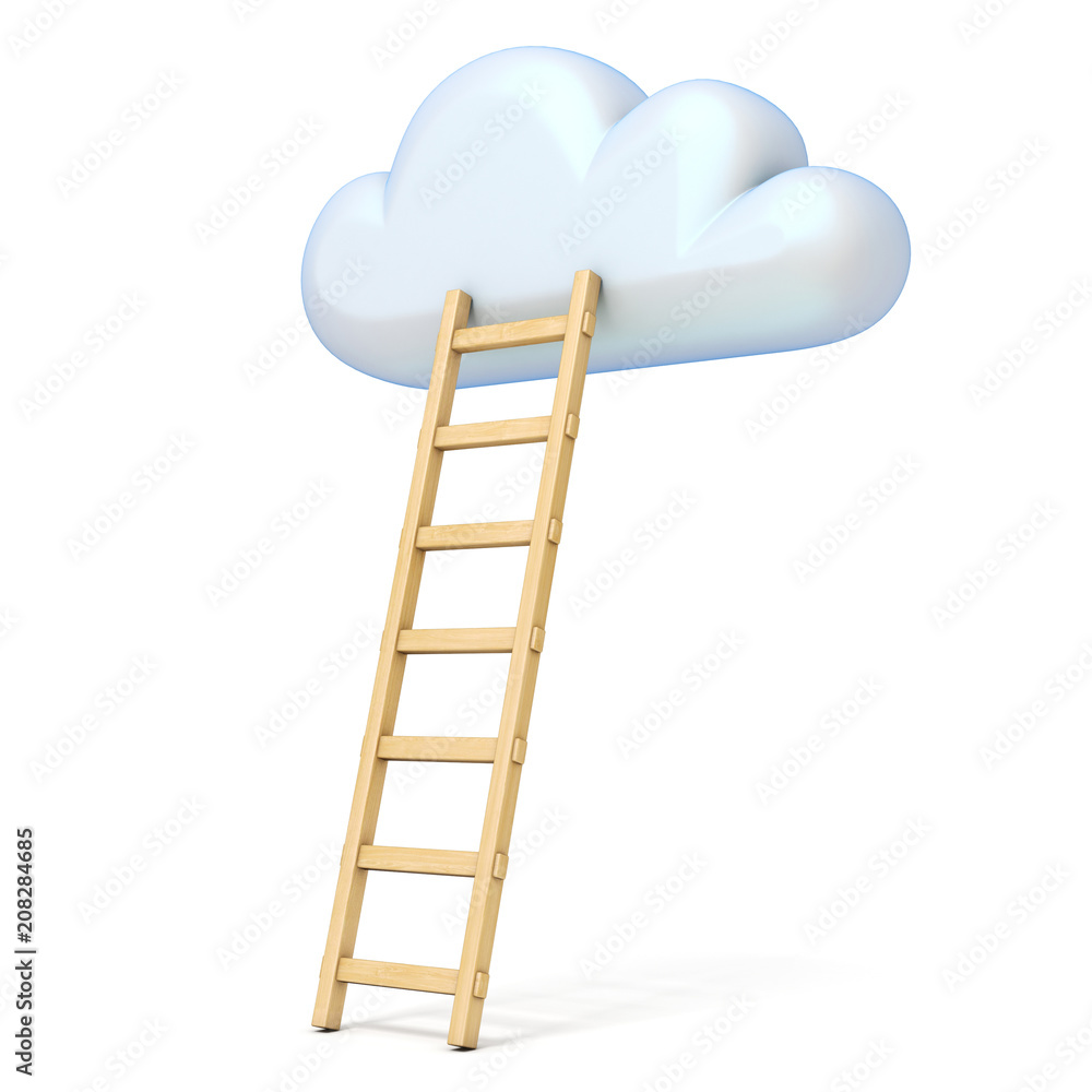 Cloud shape and ladder 3D rendering illustration on white background Cloud shape and ladder 3D rendering illustration on white background