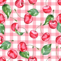 Papier peint photo Fruits aquarelle patrons Cerises rouges aquarelle motif répétitif  © Gribanessa