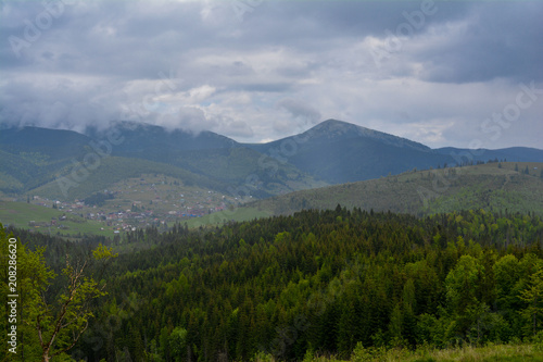 Mountain landscape, in the background - Ukrainian mountain Khomyak in the clouds.