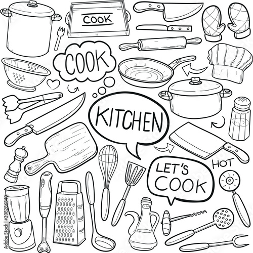 Kitchen Tools Doodle Icon Hand Draw Line Art	