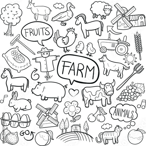 Farm Animals Agriculture Doodle Icon Hand Draw Line Art	