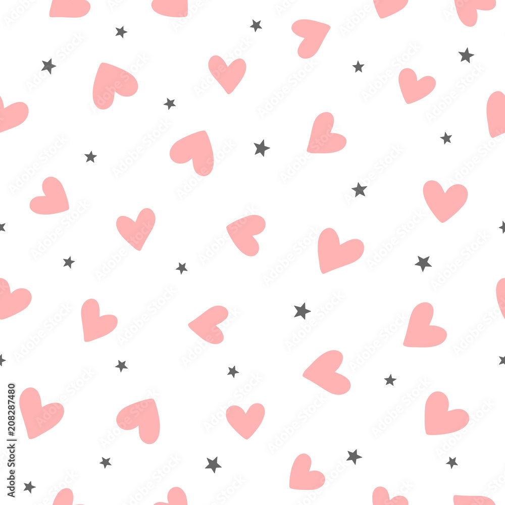Repeating hearts and stars drawn by hand. Cute romantic seamless pattern. Endless girly print.