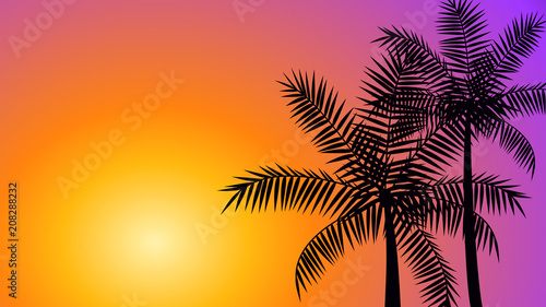 Silhouette coconut palm trees at sunset, summer tropical banner vector background