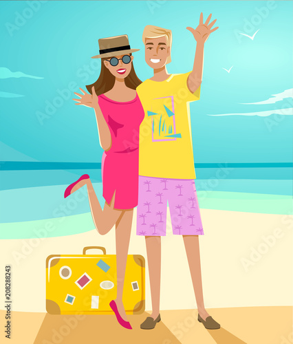 Couple of happy tourists on the beach near the sea. Colorful vector illustration. Characters are isolated.