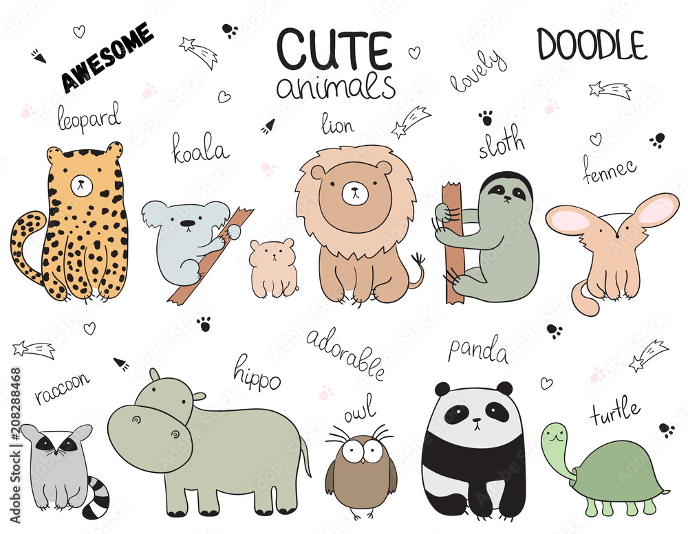 Fototapeta Set wektorowa kreskówki nakreślenia ilustracja z ślicznymi doodle zwierzętami