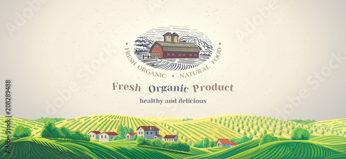 Rural panoramic landscape with design elements as a graphical illustration of the farm and diferent inscriptions.