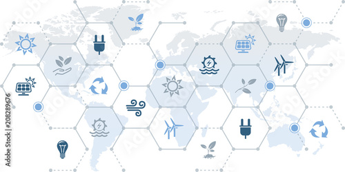 renewable & sustainable energy sources - water, solar, wind, biomass energy: vector illustration