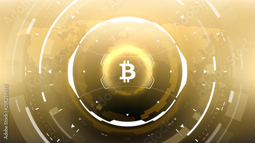 Golden bitcoin cryprocurrency futuristic vector illustration for background, HUD, graphical user interface, banner, business and finance infographics. Worldwide digital money blockchain system