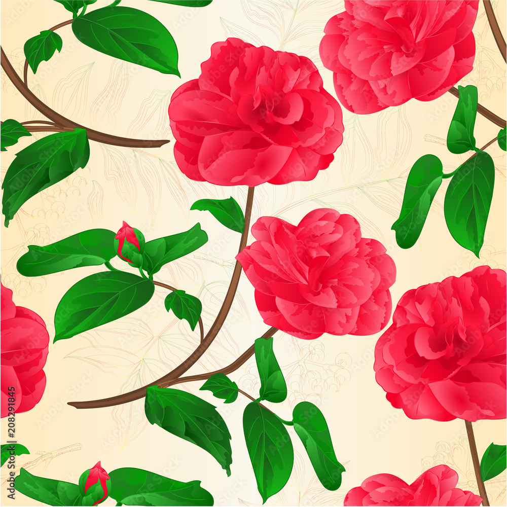 Seamless texture Camellia Japonica flowers with bud natural background vintage vector illustration editable hand draw