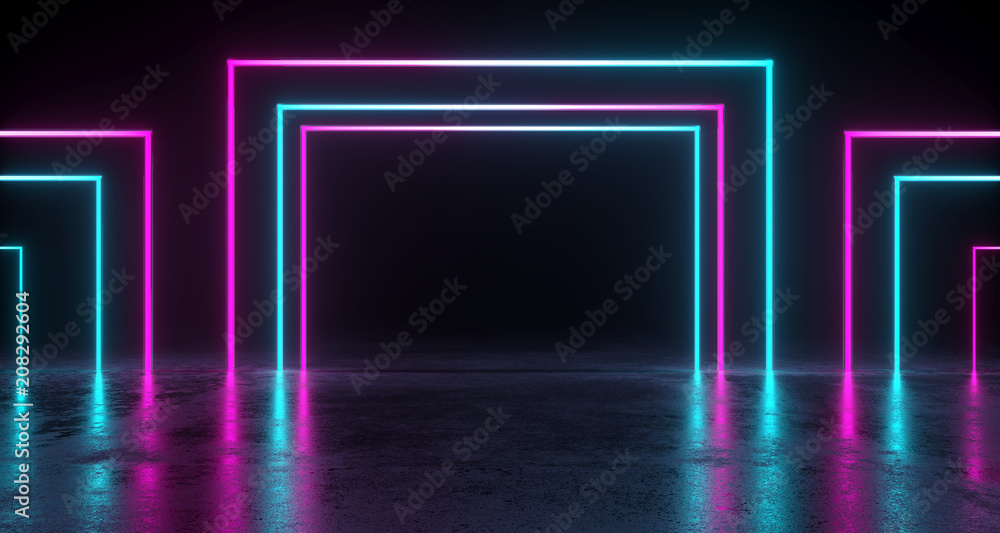 Empty Room With Colored Rectangle Neon Tubes With Reflection On Concrete Floor. 3D Rendering
