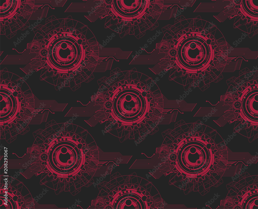 Seamless texture with graphic circuit. Technological design. Science style. Repeating background. Tile pattern. Red elements on a black background. . Seamless texture with graphic circuit. Technological design. Science style. Repeating background. Tile pattern. Red elements on a black background. .