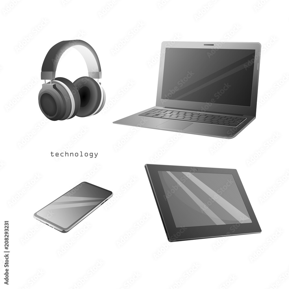 Laptop, smartphone, tablet, and headphones isolated on a white background. Realistic vector elements. Modern design. Laptop, smartphone, tablet, and headphones isolated on a white background. Realistic vector elements. Modern design.