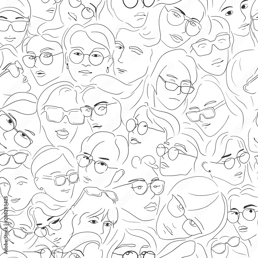 Faces of people in glasses - seamless pattern background. Hand drawn line  sketch girls and boys face with sunglasses Stock Vector | Adobe Stock