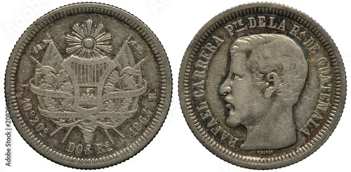 Guatemala Guatemalan silver coin 2 two reales 1864, arms divide purity info and date, President Rafael Carrera head left, 