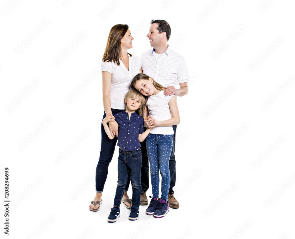 Happy family with two kids on studio white background Happy family with two kids on studio white background