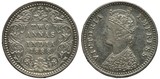 British India silver coin 2 two annas 1888, face value and date within floral ornament, bust of Queen Victoria, colonial time,