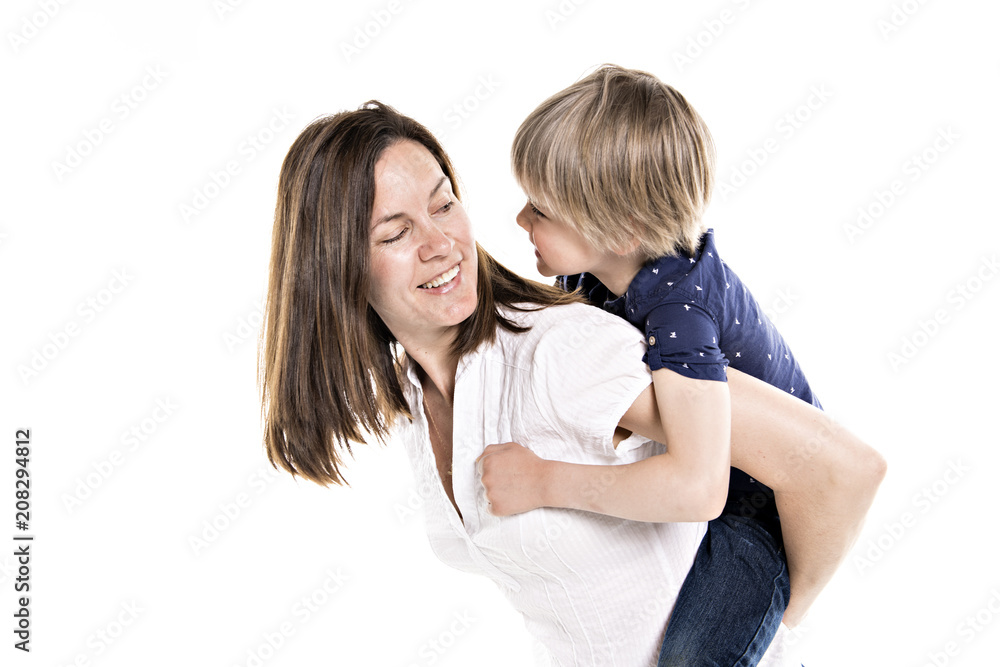 Mother and his five years blond son together isolated on white Mother and his five years blond son together isolated on white