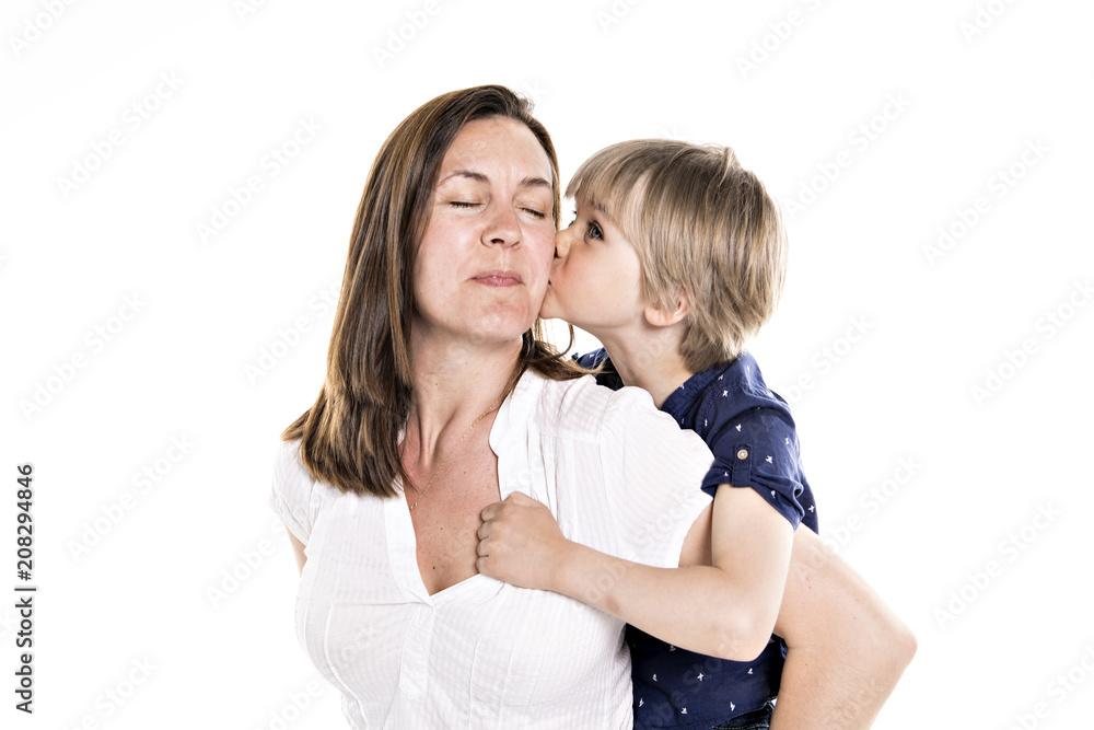 Mother and his five years blond son together isolated on white