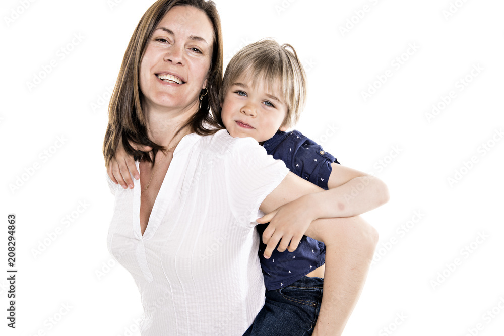 Mother and his five years blond son together isolated on white Mother and his five years blond son together isolated on white