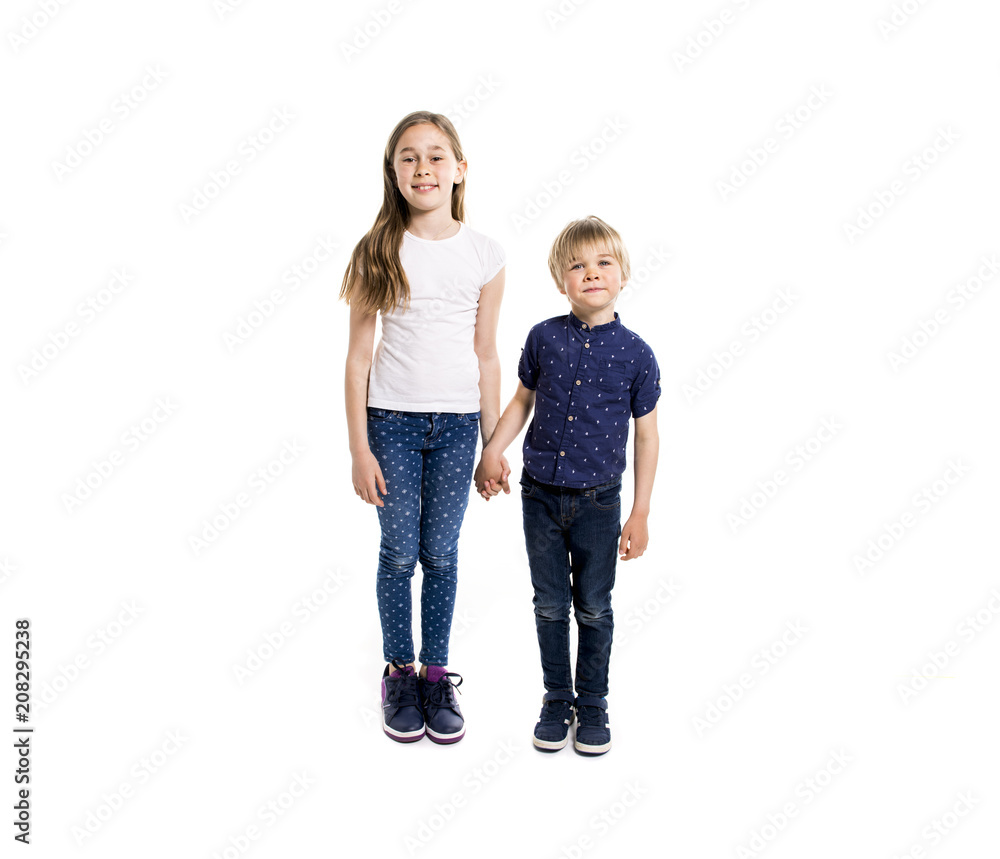 cute boy and girl on white background, happy real family cute boy and girl on white background, happy real family