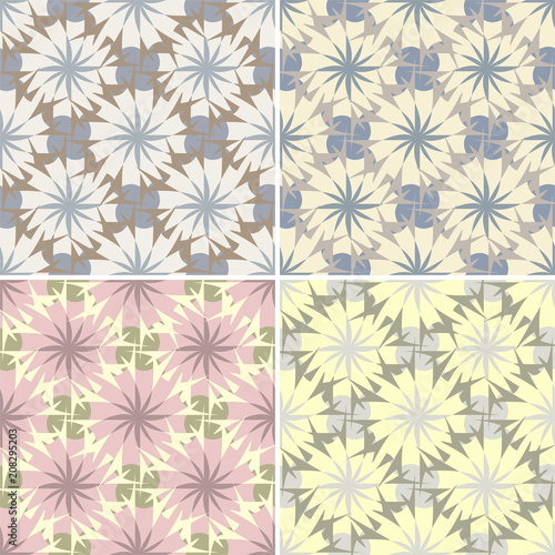 Set of four vector illustration in light colors. Geometric floral seamless pattern.