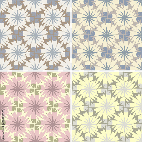Set of four vector illustration in light colors. Geometric floral seamless pattern.