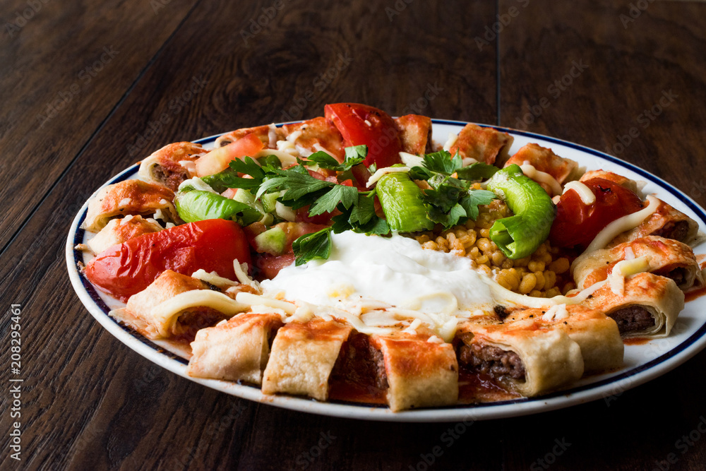 Turkish Food Beyti Kebap / Shawarma Kebab with Yogurt Stock Photo