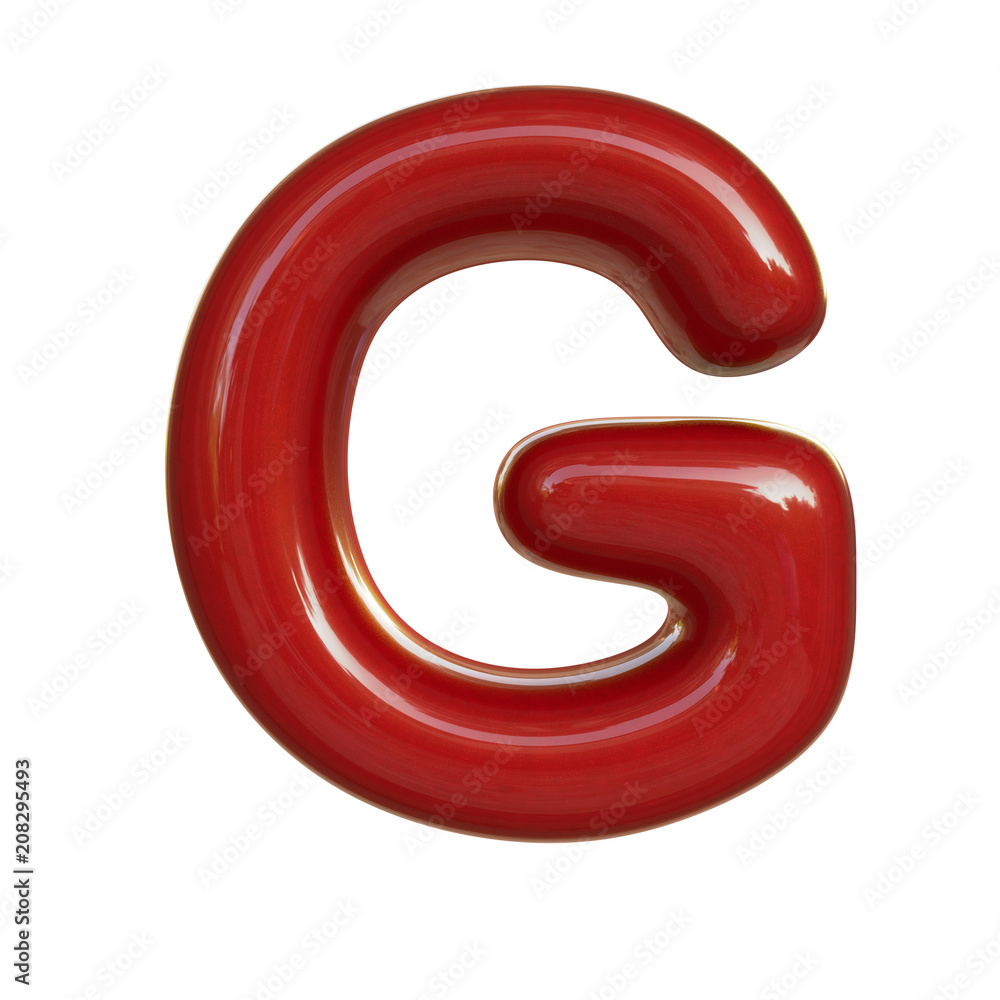 Glossy red paint letter G. 3D render of bubble font isolated on white background Glossy red paint letter G. 3D render of bubble font isolated on white background