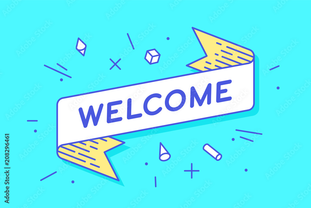 Welcome. Vintage ribbon banner and drawing in line style with text