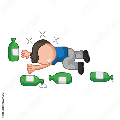 Vector hand-drawn cartoon of drunk man lying on floor with empty beer bottles