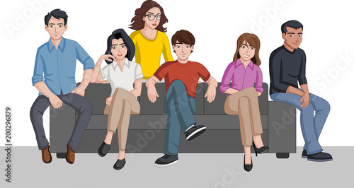 Group of cartoon people seated on a sofa
