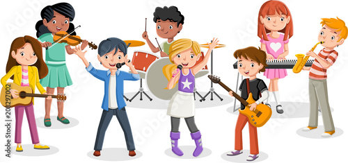 Cartoon children playing on a rock'n'roll band